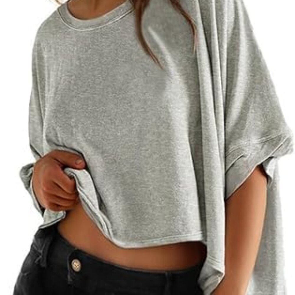 Summer Shirts 2025 Womens Solid T Shirts For Women Loose Oversized Tops Basic Te